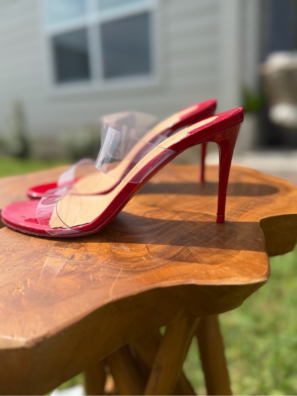 Christian Louboutin Red Patent Slide Sandals with Clear Straps - Picture 3 of 8